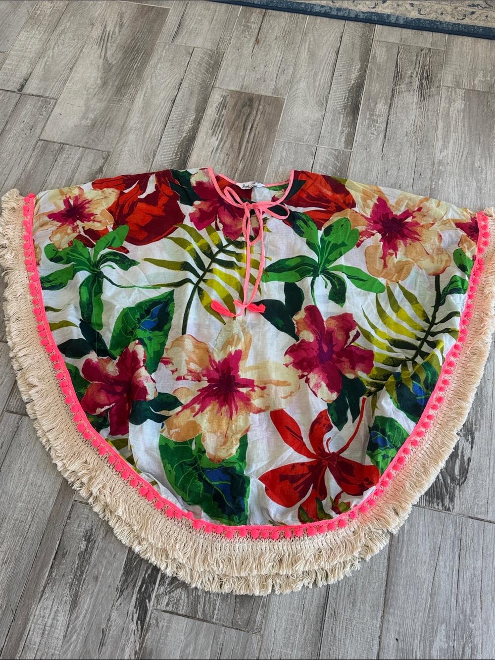 just be Floral Fringe Swim Coverup in White, Pink, Green, Red